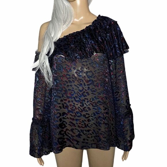 IRO Barrowl Off Shoulder Ruffle Blouse Sheer Leopard Velour Size Small - Picture 1 of 8
